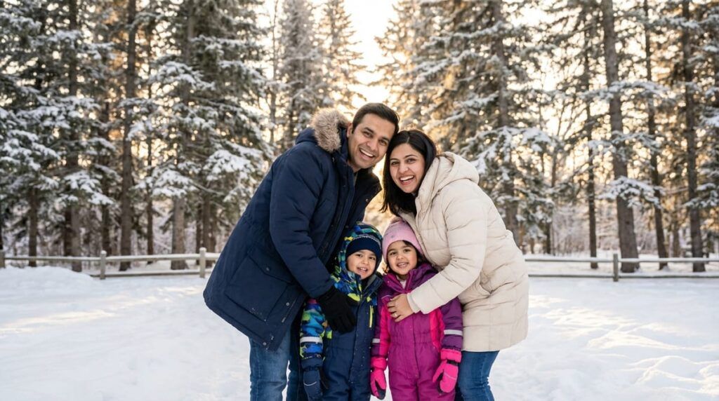 A Pakistani family enjoying their first winter in a Canadian park