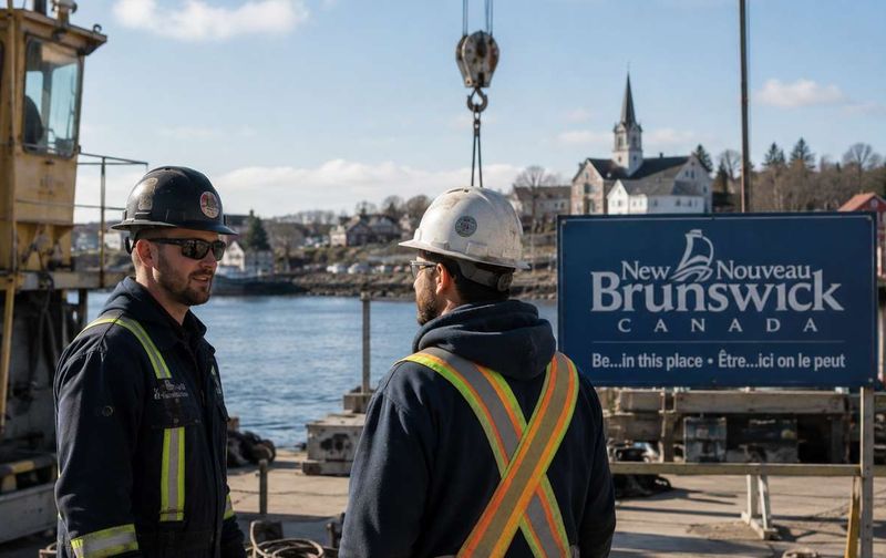 Two workers in hard hats talk near a waterfront next to a New Brunswick Canada sign.