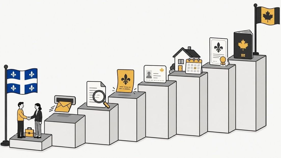Illustration showing steps of the Quebec immigration process, from application to Canadian passport.