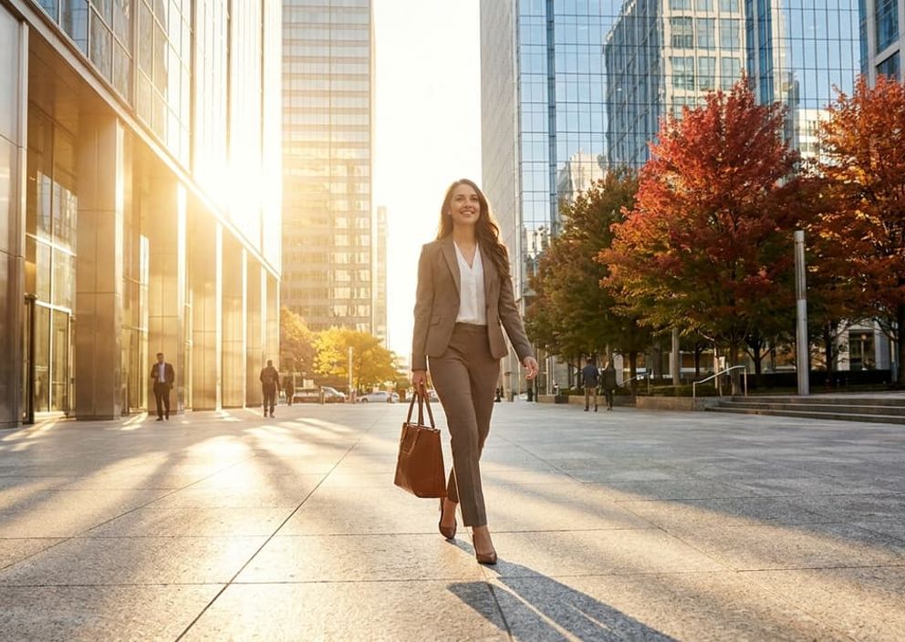 Skilled professionals in a bright modern Canadian office atrium overlooking a city skyline.