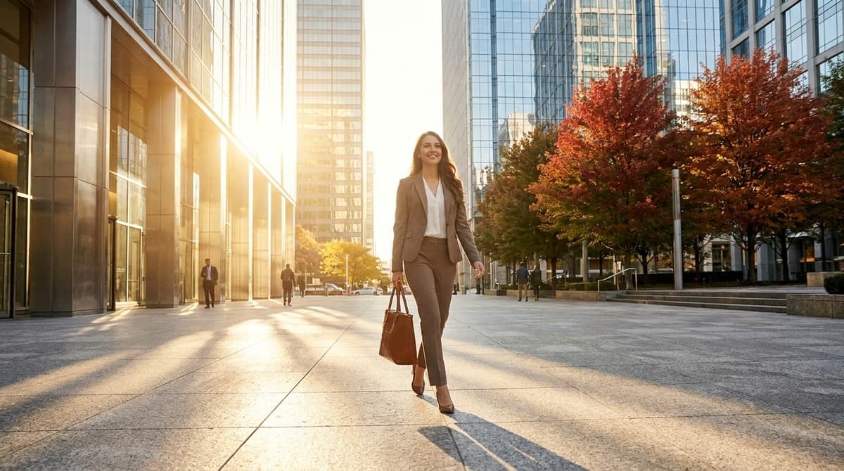 Skilled professionals in a bright modern Canadian office atrium overlooking a city skyline.