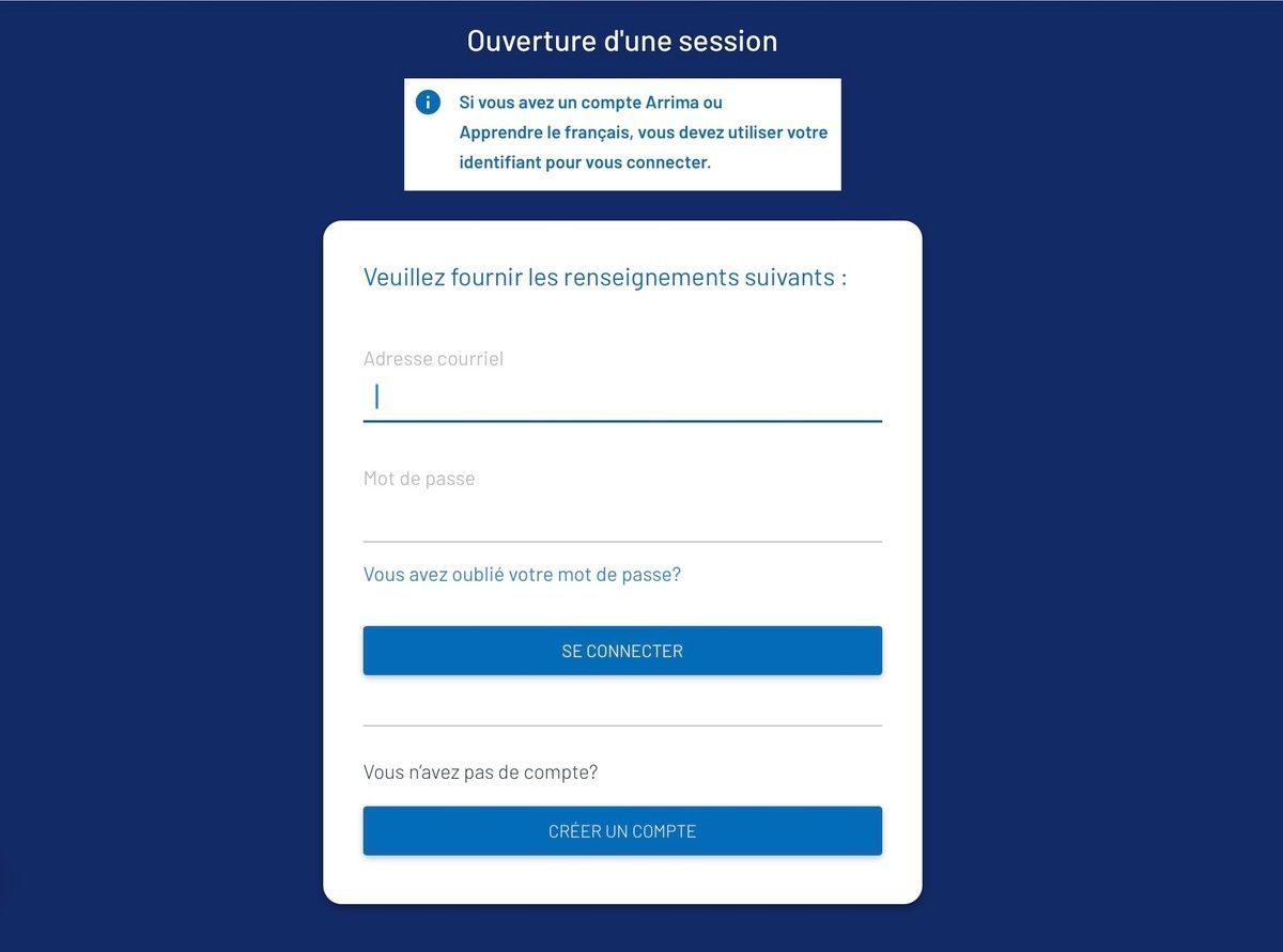 Screenshot of the Arrima portal login page in French with email and password fields.