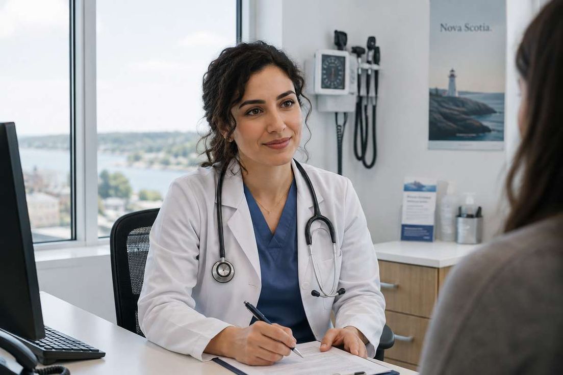 A female doctor wearing a stethoscope sitting at her desk in a medical office with a patient.
