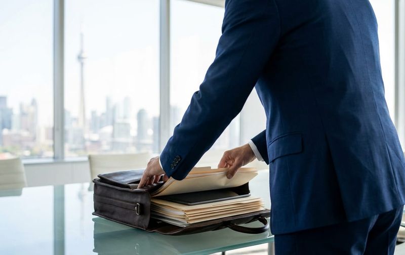 A professional in a suit opening a leather briefcase on a boardroom table with a blurred Canadian city skyline in the background.