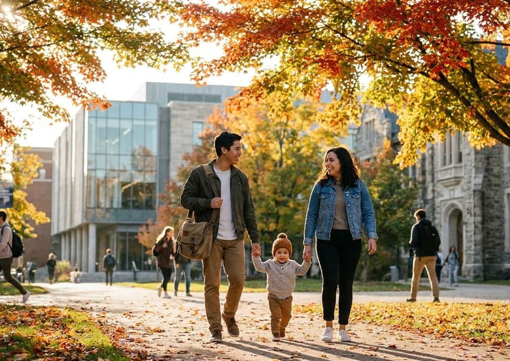 A happy student and their family walking together on a sunny Canadian university campus in autumn.