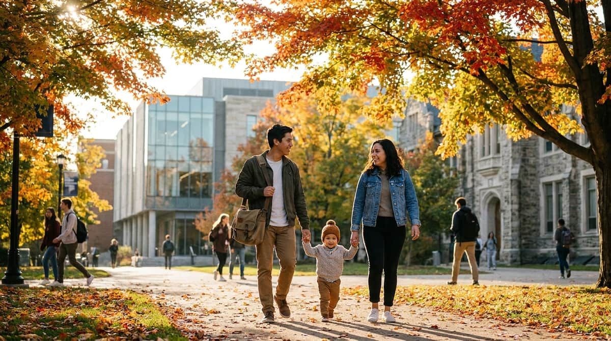 A happy student and their family walking together on a sunny Canadian university campus in autumn.