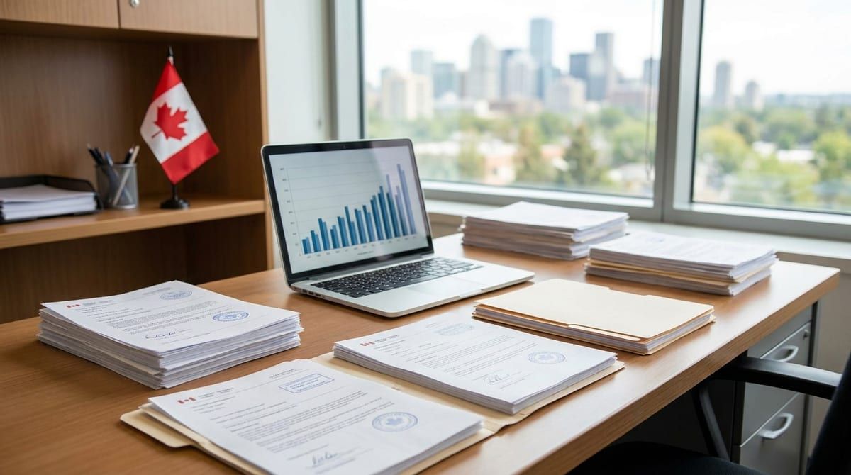 Canadian immigration documents and a laptop on a professional office desk