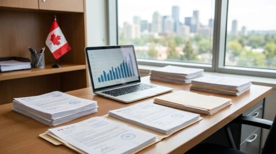 Canadian immigration documents and a laptop on a professional office desk