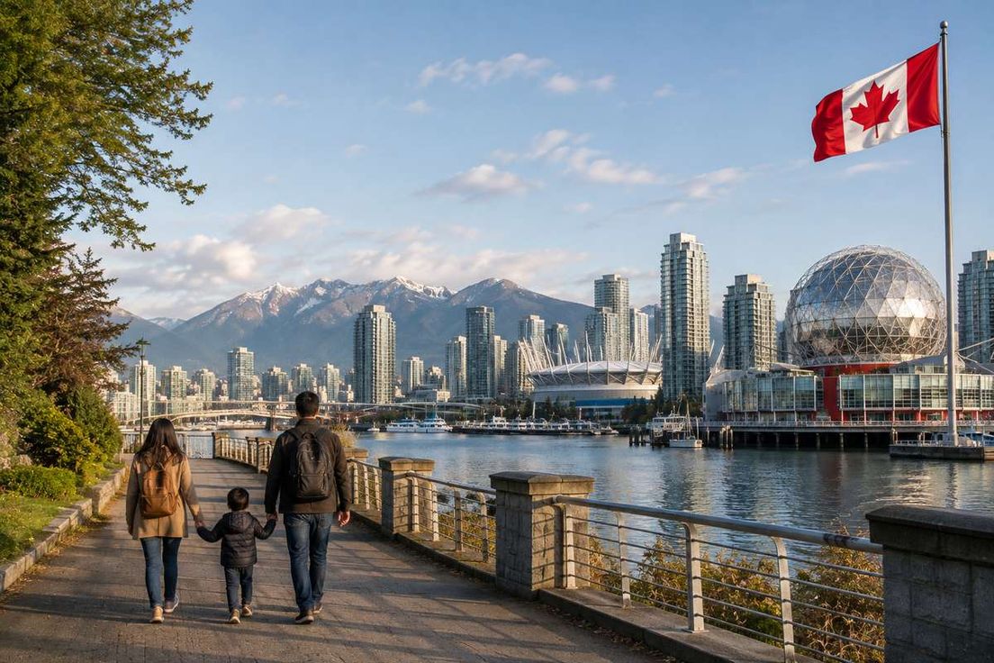 A family walks along a waterfront path in Vancouver with city skyscrapers, mountains, and a Canadian flag.