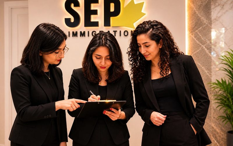Three women in black suits review a document on a clipboard in front of a SEP Immigration logo.