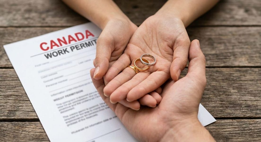 Close-up of hands holding wedding rings – symbolic image for Spouse Open Work Permit in Canada