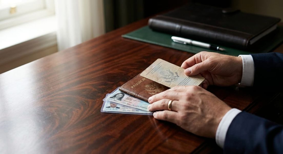 Photograph of hands in a suit holding a passport and ID cards on a wooden desk for a Canadian detention review.