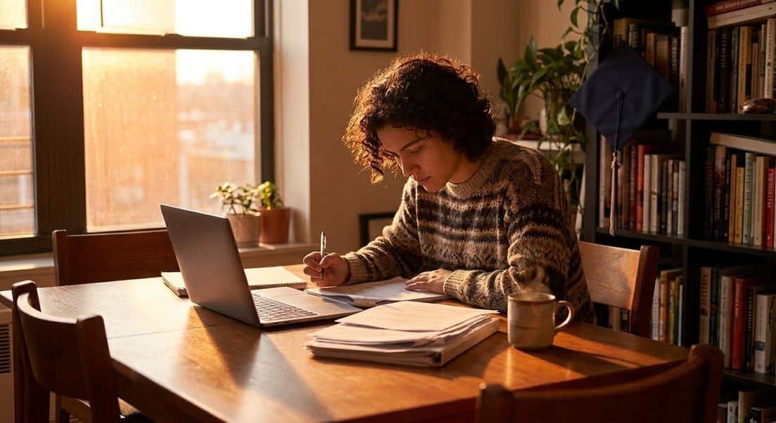 Photograph of a student studying at a sunlit desk with a laptop, papers, and a graduation cap on a bookshelf.