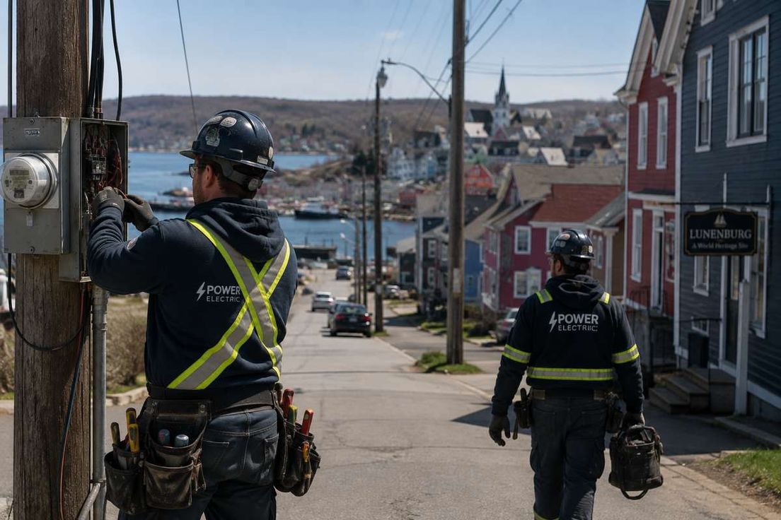 Two electricians in hard hats and safety gear work on a utility pole along a seaside town street.