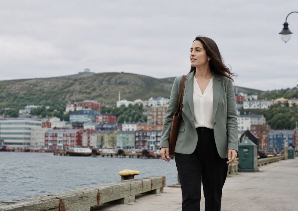 A professional woman in a blazer walks along a harbor pier with a coastal city in the background.