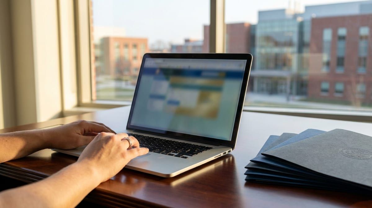 Hands typing on a laptop beside official documents, with a blurred university campus visible through a window.