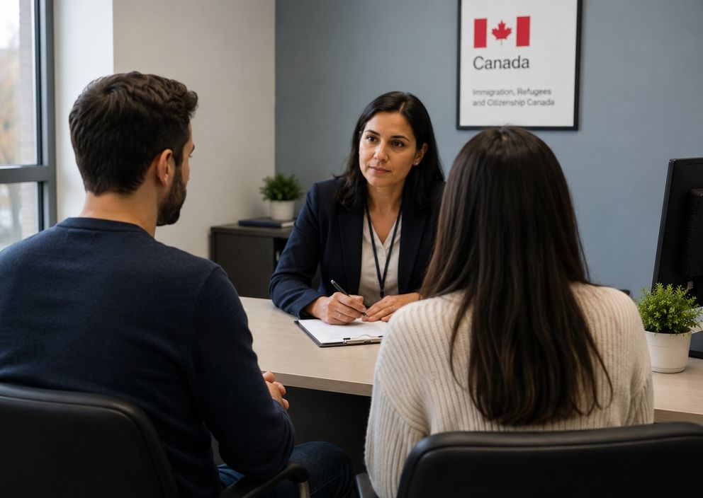 A couple sits across a desk from a Canadian immigration officer during an interview.