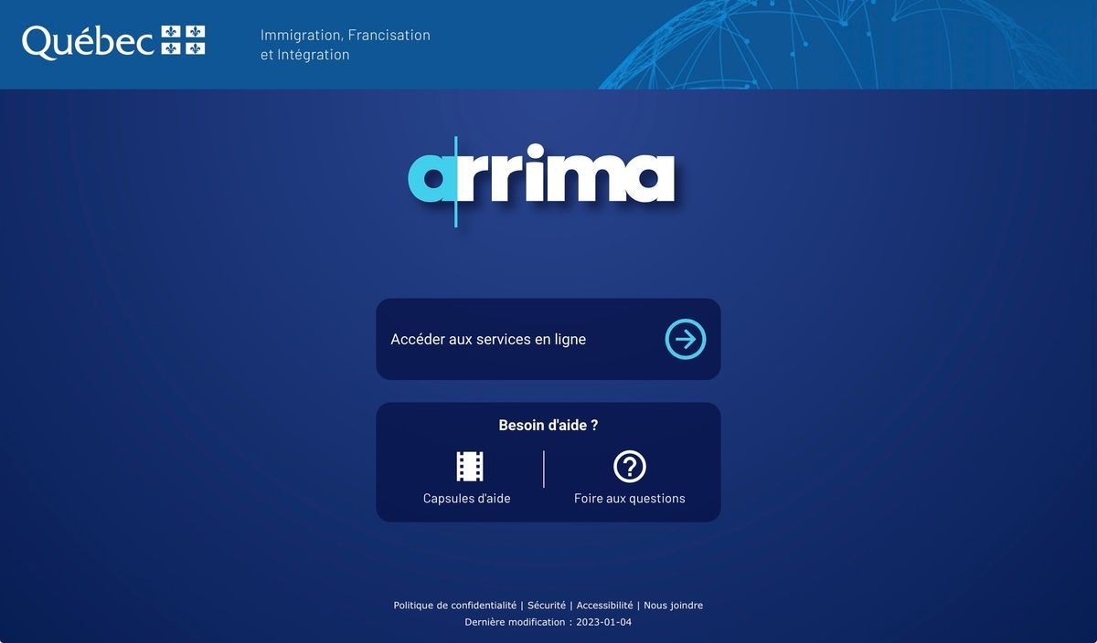 Landing page of the Quebec Arrima immigration portal with links to online services.