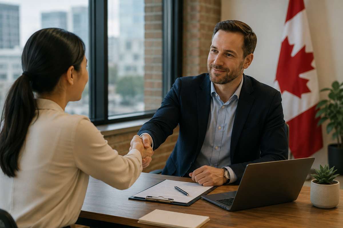 A man in a suit shakes hands across a desk with a woman in an office featuring a Canadian flag.