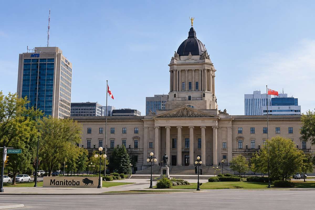 The Manitoba Legislative Building in Winnipeg with a domed tower, Canadian flags, and a clear blue sky.
