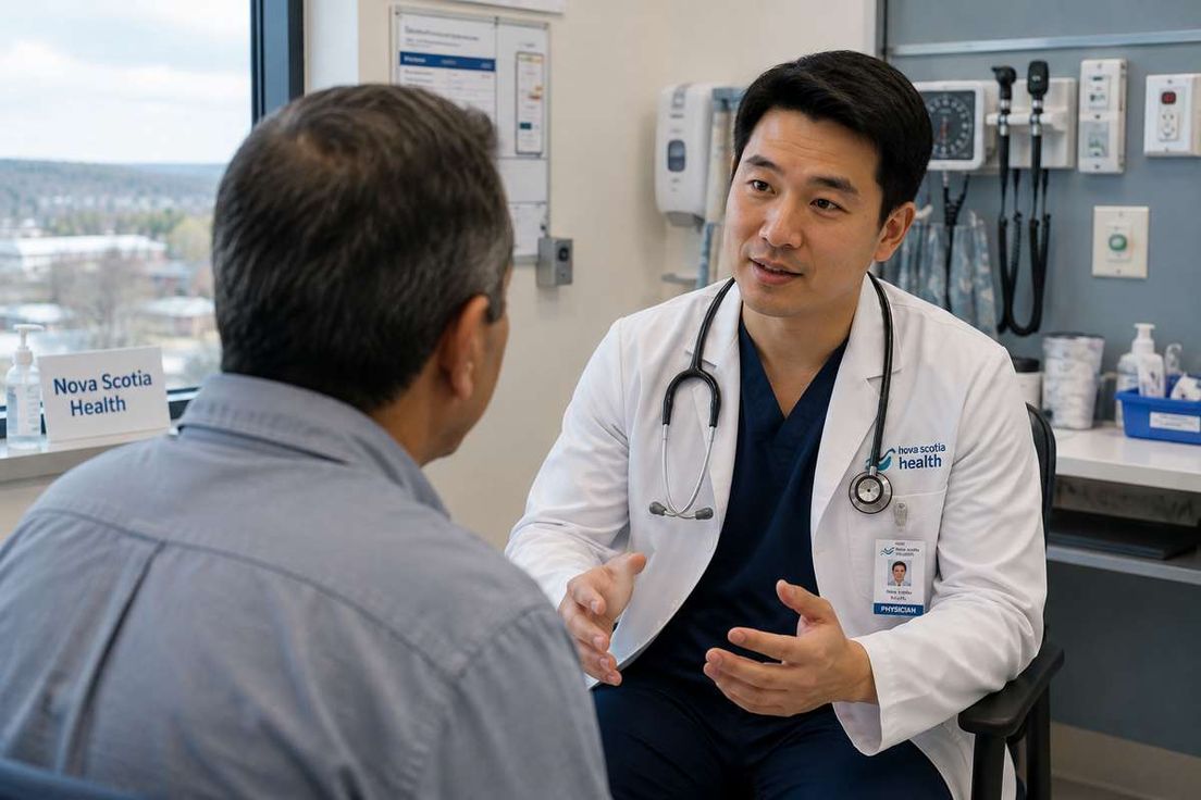 A doctor with a stethoscope speaks with a patient in a Nova Scotia Health clinic.