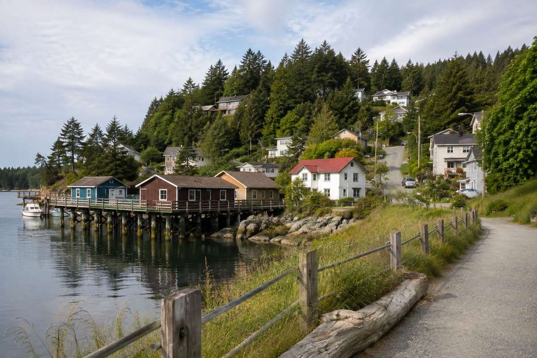 Coastal houses built on wooden stilts over calm water beside a forested hillside in British Columbia.