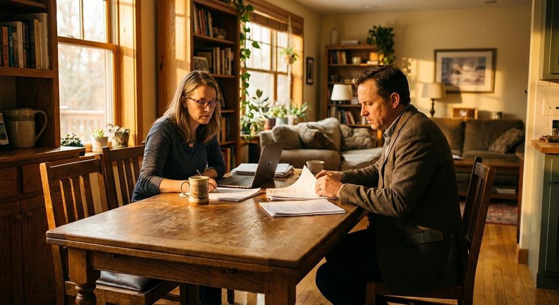 Photograph of a man and woman reviewing legal paperwork at a wooden table for a Canadian detention review hearing.