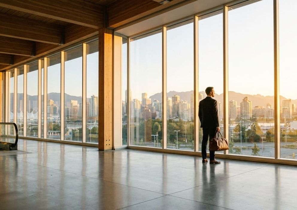 A professional traveler looking through a large glass window at a Canadian city skyline during sunrise.