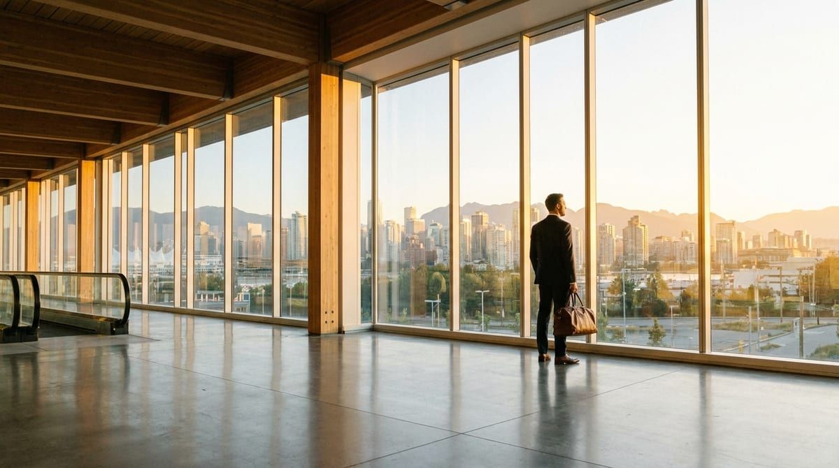 A professional traveler looking through a large glass window at a Canadian city skyline during sunrise.