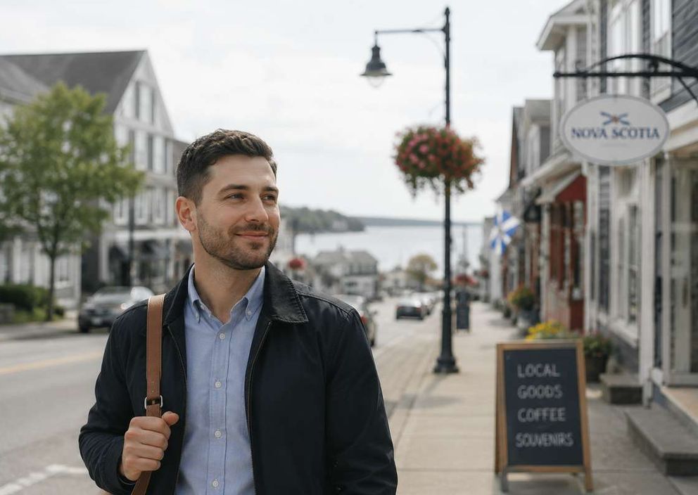 A smiling man walks along a street in a Nova Scotia coastal town with shopfronts and water in the background.