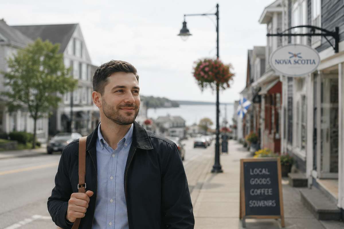 A smiling man walks along a street in a Nova Scotia coastal town with shopfronts and water in the background.