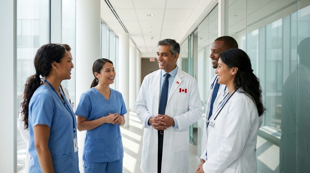 Healthcare professionals standing in a modern Canadian hospital hallway.