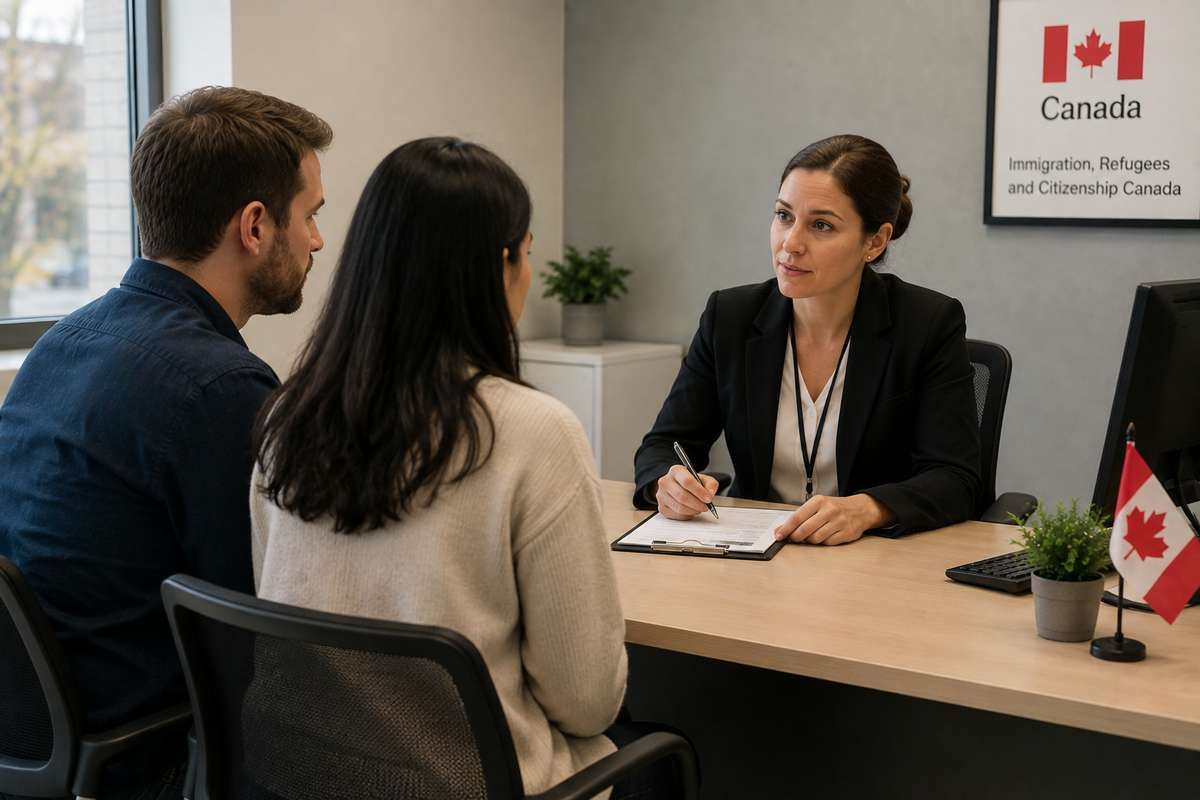 A couple sits across a desk from an official Canadian immigration officer during an interview.