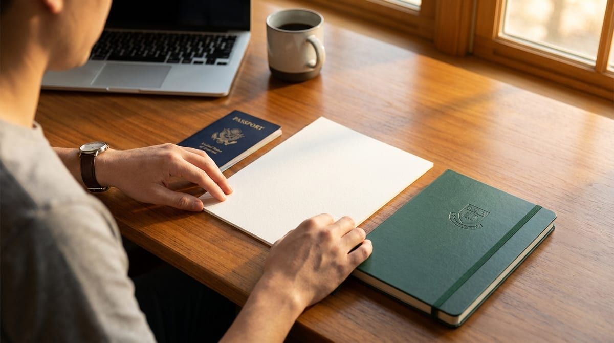 Close-up of a student's hands organizing a passport and formal invitation letter on a wooden desk in a bright room.