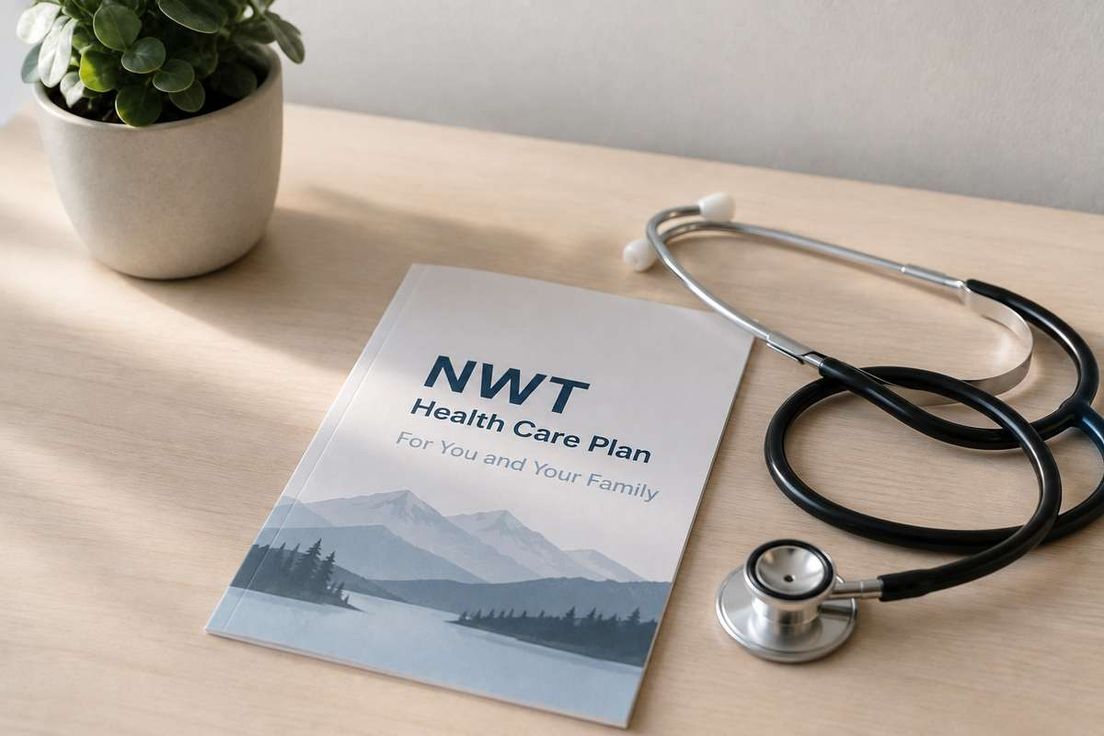 An NWT Health Care Plan booklet sits on a wooden desk next to a stethoscope and a potted plant.