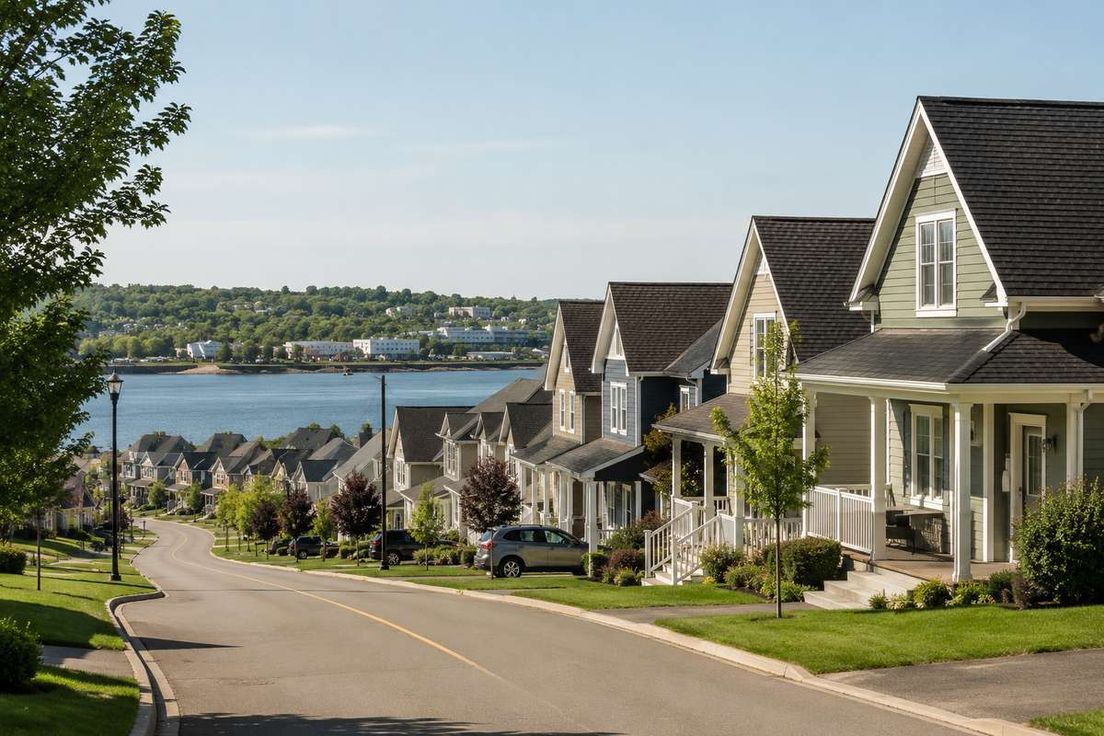 A row of modern houses along a residential street sloping down toward a wide river on a sunny day.
