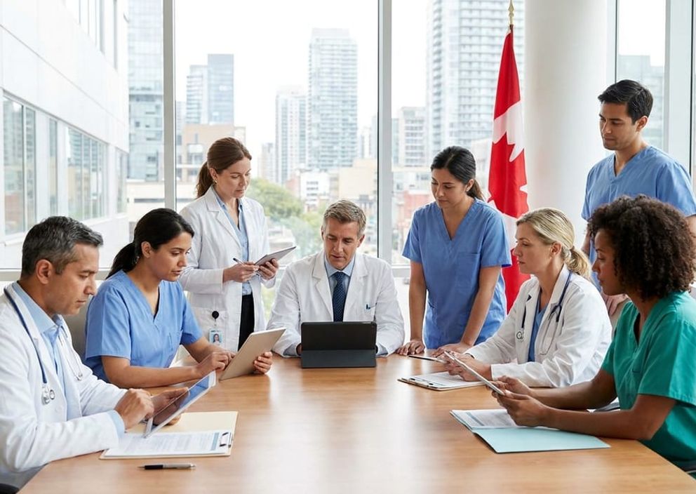 Diverse group of physicians in a Canadian hospital setting