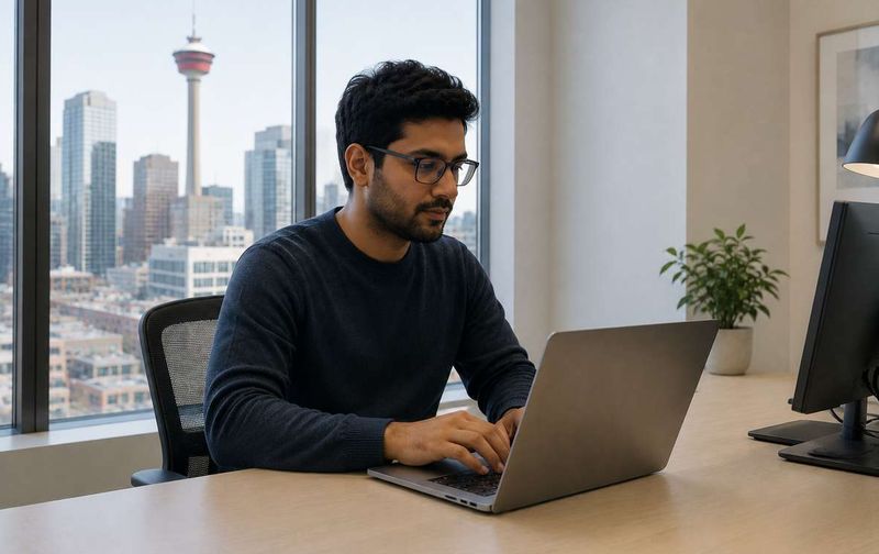A man wearing glasses works on a laptop at a desk overlooking the Calgary city skyline.