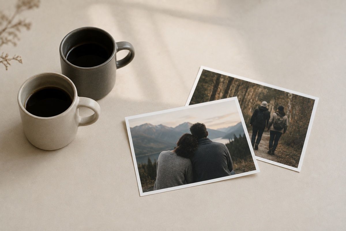 Two coffee mugs next to printed photos of a couple outdoors, resting on a neutral surface.
