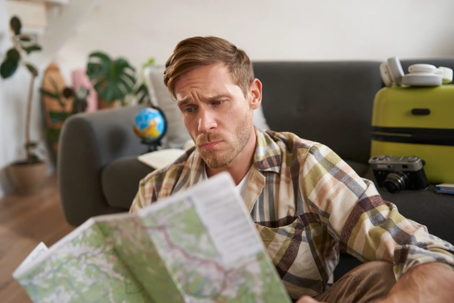 Concerned man reviewing travel documents after permanent resident application delay
