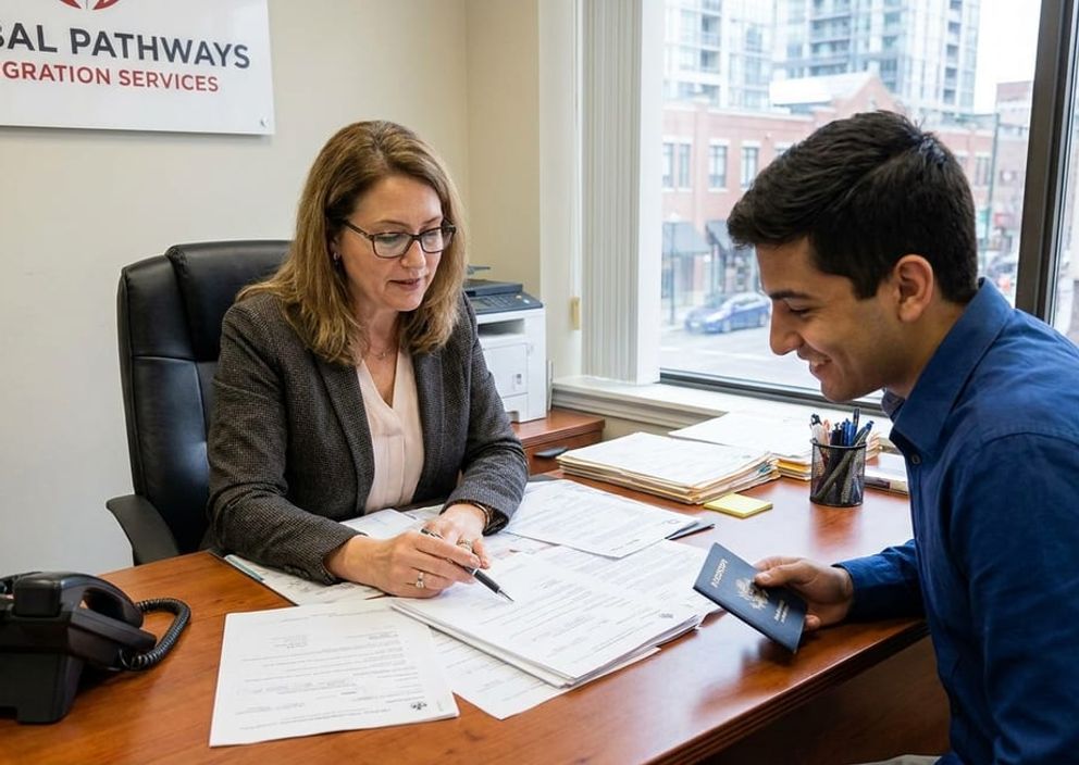An immigration consultant reviews paperwork with a smiling client holding a passport in an office.