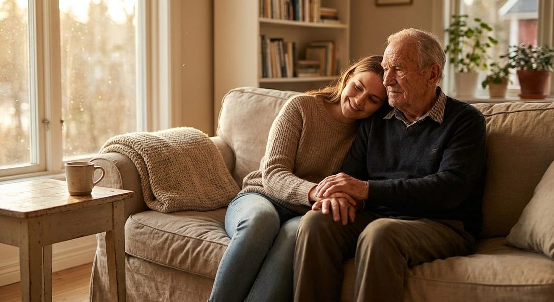 Photograph of a woman comforting an elderly man, illustrating the emotional impact of detention on families.