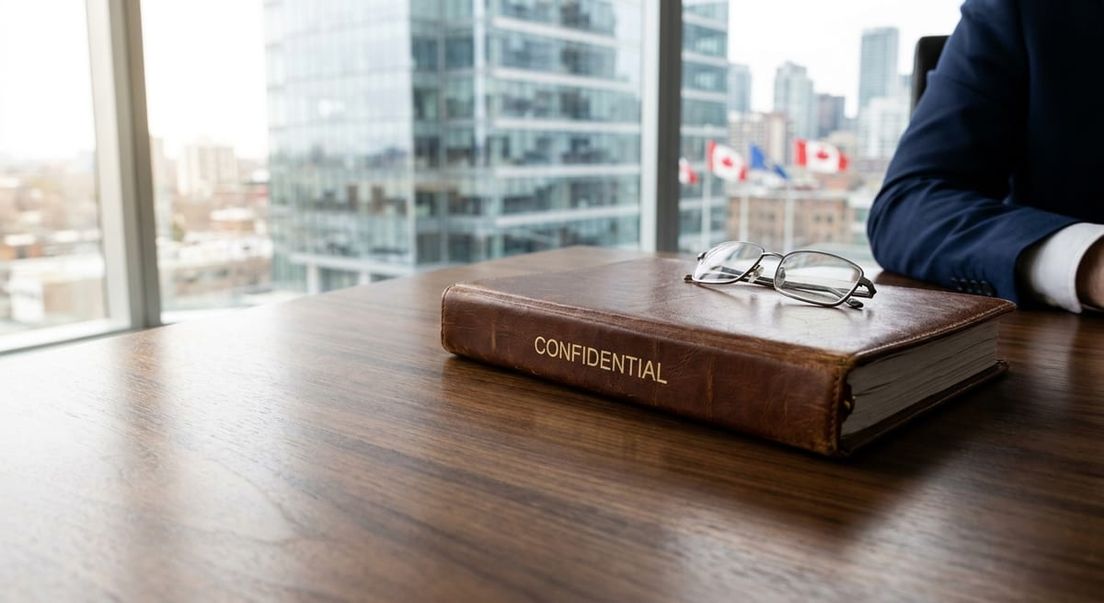Photograph of a leather binder marked CONFIDENTIAL on an office desk, illustrating Canada’s detention review policies.
