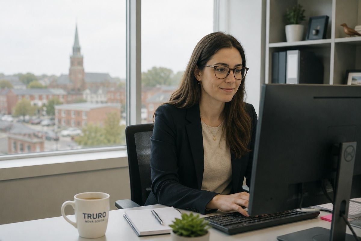 A woman wearing glasses works at a desktop computer in an office overlooking a Nova Scotia town view.