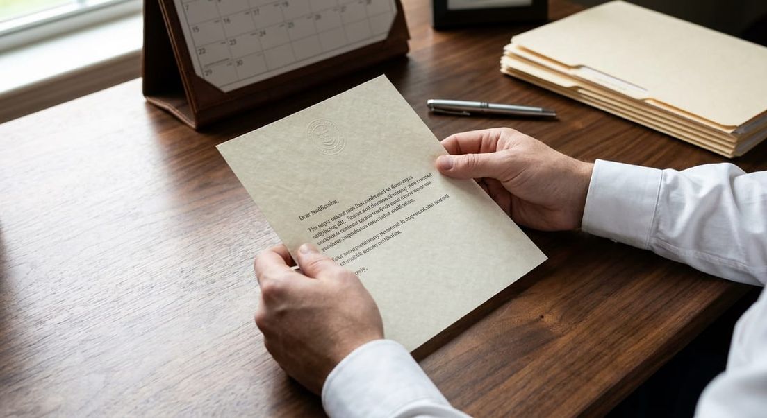 Photograph of a person reviewing a PRRA application document at a wooden desk with files and a calendar.