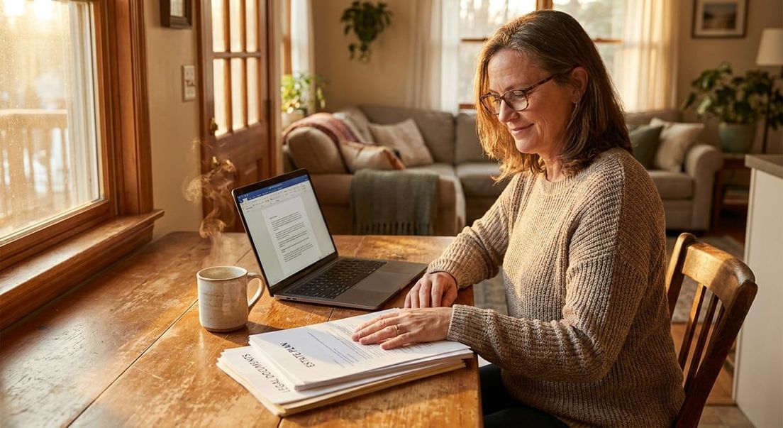 Photograph of a woman reviewing legal documents for a detention review at a sunlit wooden table with a laptop.