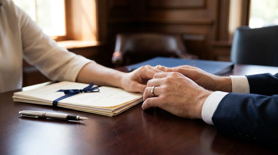 Close-up of a couple's hands with wedding bands resting on a desk next to legal documents in a professional office.