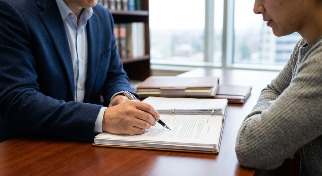 Photograph of a legal professional in a blue suit reviewing binder documents with a client for a detention review.