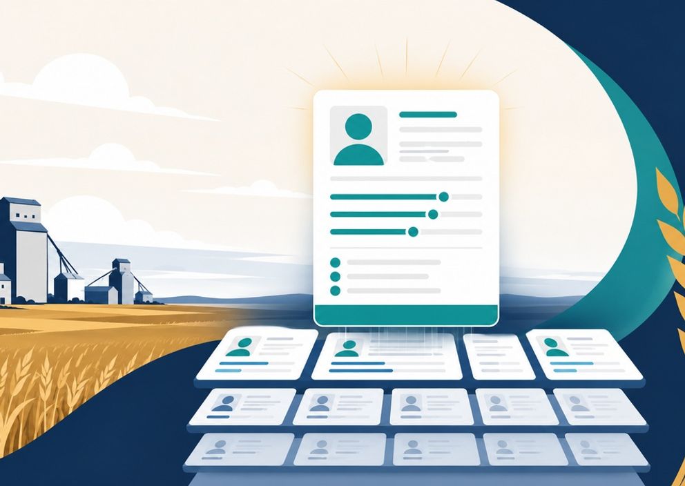 Illustration of a highlighted profile card above a grid of forms, set against a prairie wheat field.