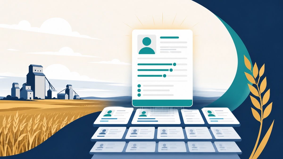 Illustration of a highlighted profile card above a grid of forms, set against a prairie wheat field.
